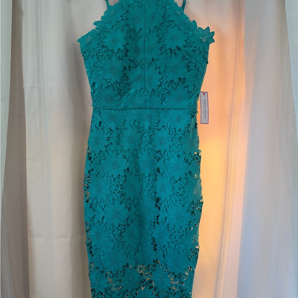 NEW Bisou Bisou teal lace dress, high neck, floral crochet size 4